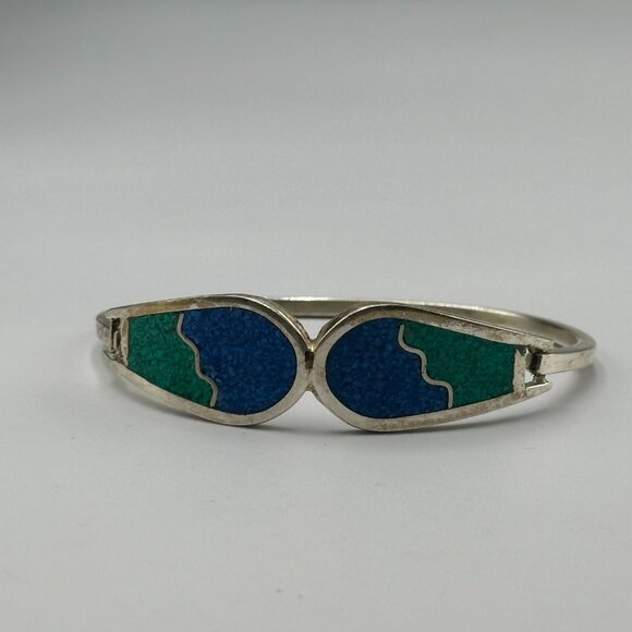 Vintage Alpaca Silver Bracelet Blue Green Inlay Geometric Hinged Cuff 7 Inch - Picture 6 of 15